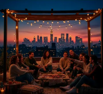 rooftop-friends-dinner-party-city-skyline-sunset