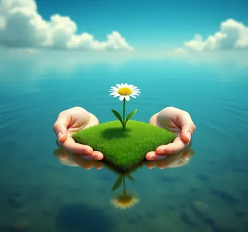 Hands Holding Daisy Grass Patch Over Water – Nature Care Symbol
