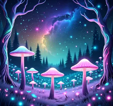 Bioluminescent Mushroom Forest Under Nebula Sky