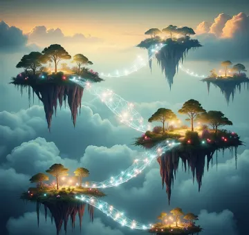 Floating Islands Fantasy Realm at Sunset Sky