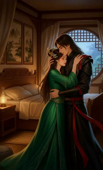 Romantic East Asian Couple in Traditional Attire Embracing in Bedroom