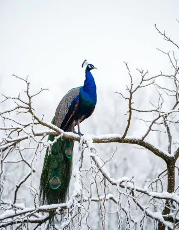 Peacock on frosty banyan tree