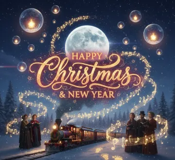 Victorian Carolers and Christmas Train Under Full Moon
