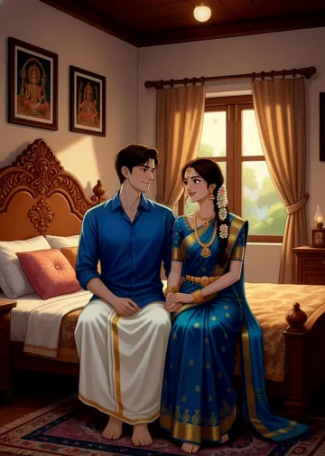 Indian Bride in Blue Saree with Groom – Romantic Newlywed Bedroom Illustration