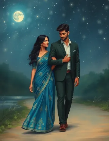 Lovers walking together in starry night wallpaper