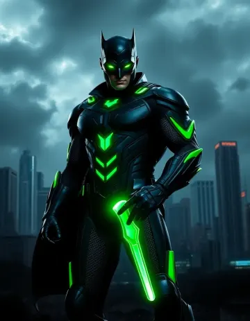 Dark Superhero with Neon Green Power – Futuristic Skyline Wallpaper