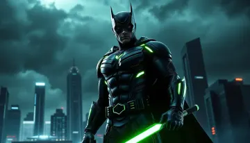 Dark Superhero with Neon Green Weapon Cinematic Desktop Wallpaper