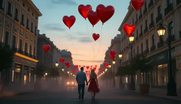 Romantic cityscape love heart balloons