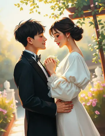 Romantic Garden Wedding Couple in Soft Golden Light