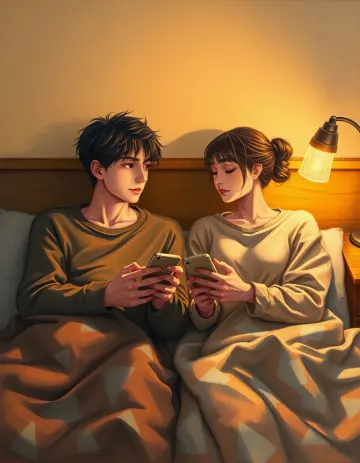 Cozy Night Couple Using Phones in Bed