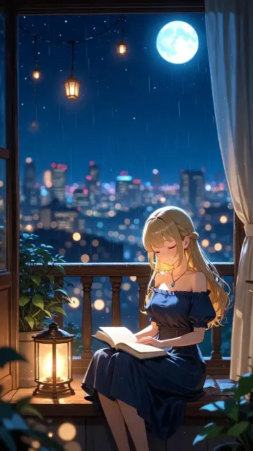 Peaceful moon light with girl 4k wallpaper