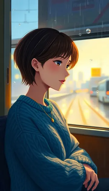 Young woman with short brown hair is sitting by a window.