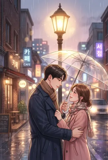 Romantic Manhwa Couple in Rain Wallpaper – Korean Webtoon Aesthetic (3:4 Ratio) 