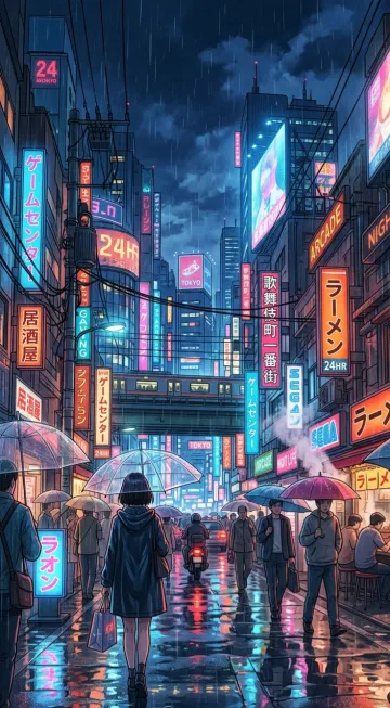 cinematic-anime cityscape night rain tokyo wallpaper