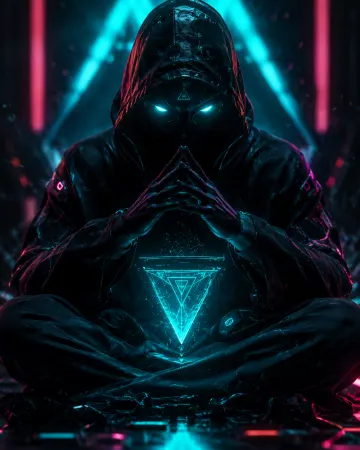 Dark cyberpunk hooded figure sitting