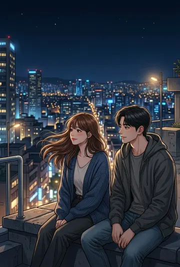 Romantic couple on rooftop with city night view anime style 