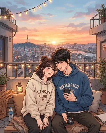Cute manhwa couple rooftop sunset