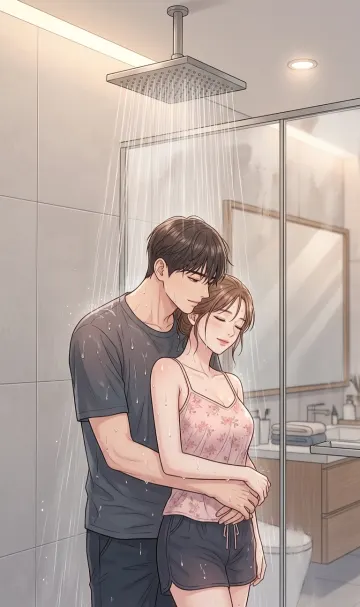 Romantic manhwa couple warm shower intimacy anime illustration