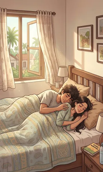 Romantic Morning Manhwa Style Illustration - Cozy Couple Bedroom Scene 