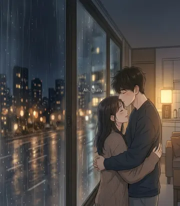 Cozy Couple Hug in a Rainy High-Rise Apartment with City View 
