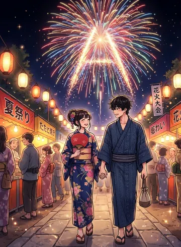 Anime Couple at Japanese Festival | Dreamy Manhwa Fireworks Date (Yukata Style)