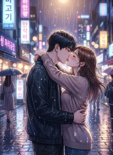 Romantic Manhwa Couple Kiss in Rain 4K Anime Wallpaper