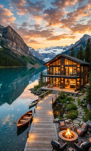 Luxury Lake House Sunset Wallpaper