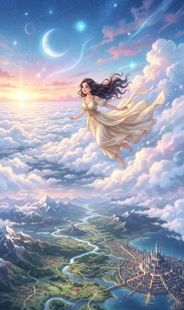Girl Flying Above the Clouds 4K Wallpaper – Sky View Fantasy