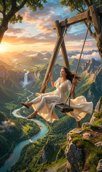 Girl on Mountain Swing 4K Wallpaper – Breathtaking Valley View