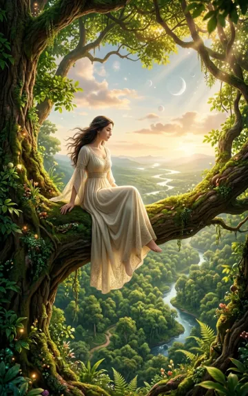 Girl on Giant Forest Tree 4K Wallpaper – Enchanted Woodland View