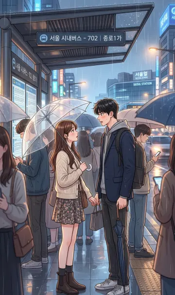First Eye Contact Manhwa Couple 4K Wallpaper – Romantic Rainy Evening