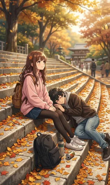 Cozy Autumn Moments: Anime Couple Relaxing on Golden Steps 