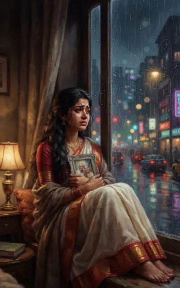 Indian Woman Rainy Night Window Holding Photo Emotional Saree Wallpaper 4K
