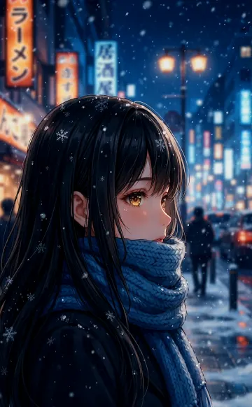 Melancholic Winter Night: Anime Girl in Blue Scarf