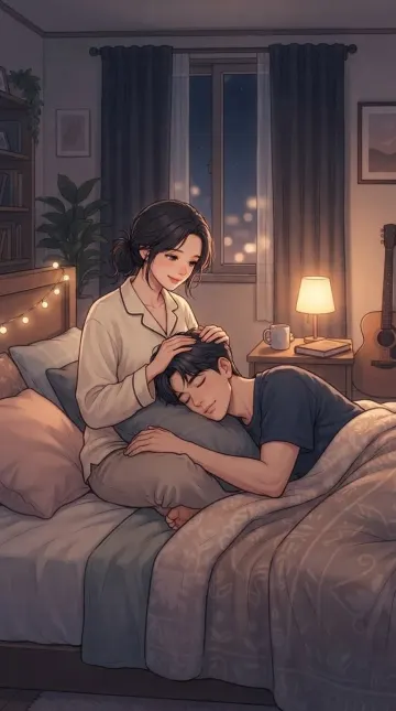 Cozy Anime Couple Illustration: Woman Comforting Sleeping Man in Bed