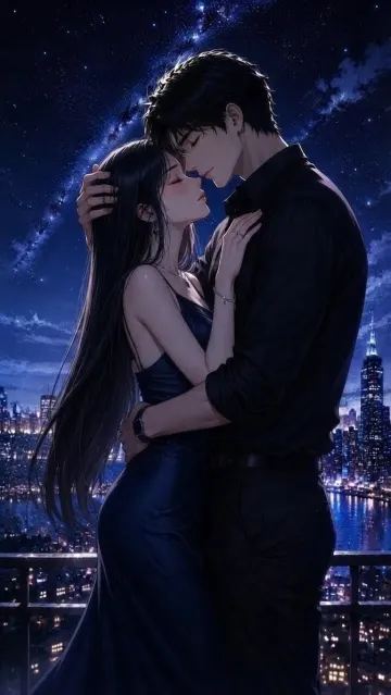 Romantic Couple Embrace Under Milky Way Night Sky - High-Definition Anime Art