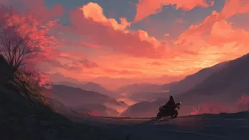 Anime Bike Mountain Road Sunrise Wallpaper | Aesthetic 4K