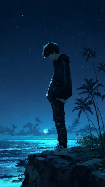 Anime Boy Dark Cliff Night Mobile Wallpaper | Moody Black 8k