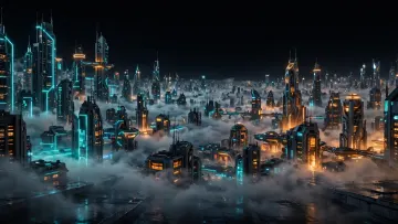 Futuristic City Above Clouds Desktop Wallpaper 4K | Cyberpunk Skyline PC HD