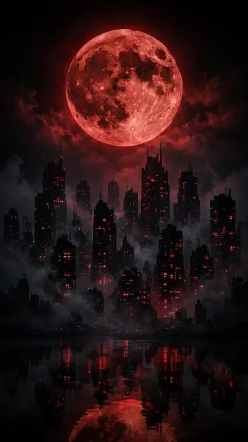 Blood Moon City Wallpaper 4K | Red Moon Skyline Night City AMOLED Dark HD