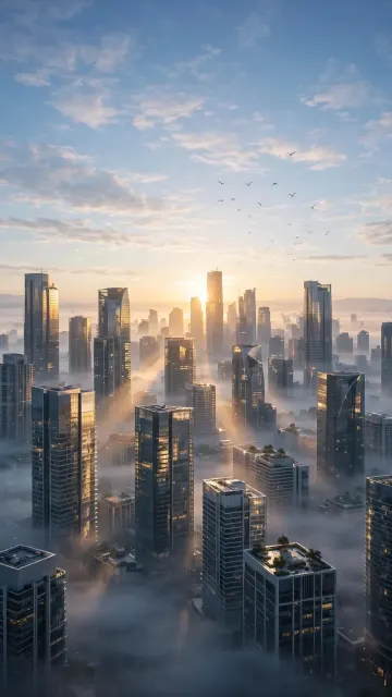 Morning City Sunrise Wallpaper 4K | Sunrise Over Foggy City Skyline HD