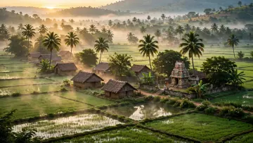 Tamil Village Desktop Wallpaper 4K | Sunrise Paddy Fields Coconut Trees PC HD