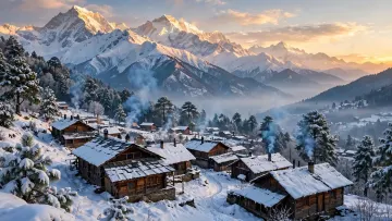 Himachal Snow Village Desktop Wallpaper 4K | Himalayan Snow Covered Houses PC HD