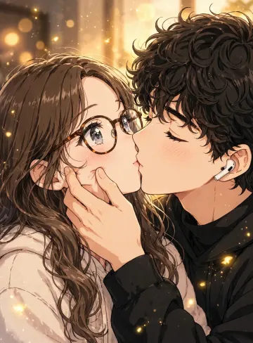 Cute Anime Couple Kissing Wallpaper 4K HD | Glasses Girl & Curly Boy Romantic Love Moment Aesthetic