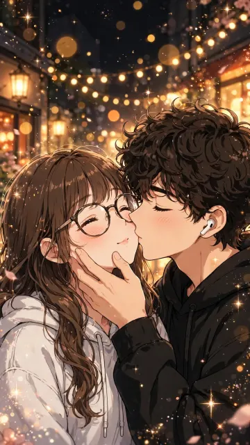 Romantic Anime Couple Kiss at Night Wallpaper 4K | Fairy Lights Bokeh Street Couple Goals HD