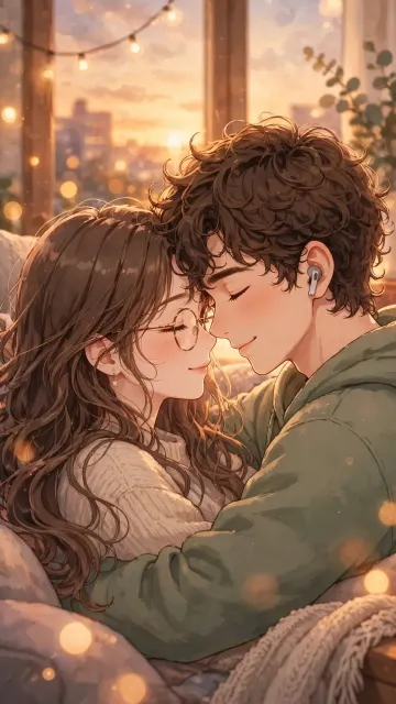Cute Cozy Anime Couple Cuddle Wallpaper 4K | Sunset Balcony Forehead Touch Romantic Love HD