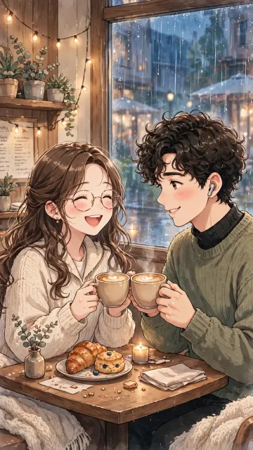 Cozy Anime Couple Cafe Date Wallpaper 4K | Rainy Day Coffee Love