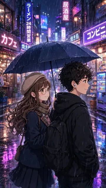 Anime Couple Walking in Rain Wallpaper 4K | Neon Tokyo Night Umbrella Aesthetic HD