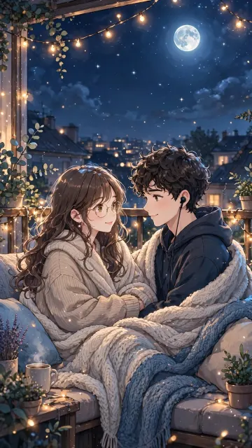 Anime Couple Under Moonlight Wallpaper 4K | Cozy Balcony Night Fairy Lights Aesthetic