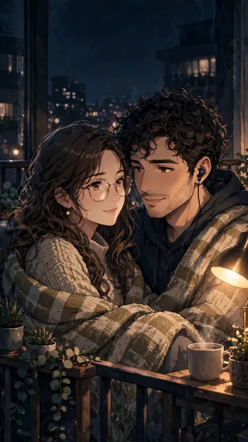 Mature Anime Couple Dark Night Wallpaper 4K | Cozy Balcony Moody Lamp Light Aesthetic HD